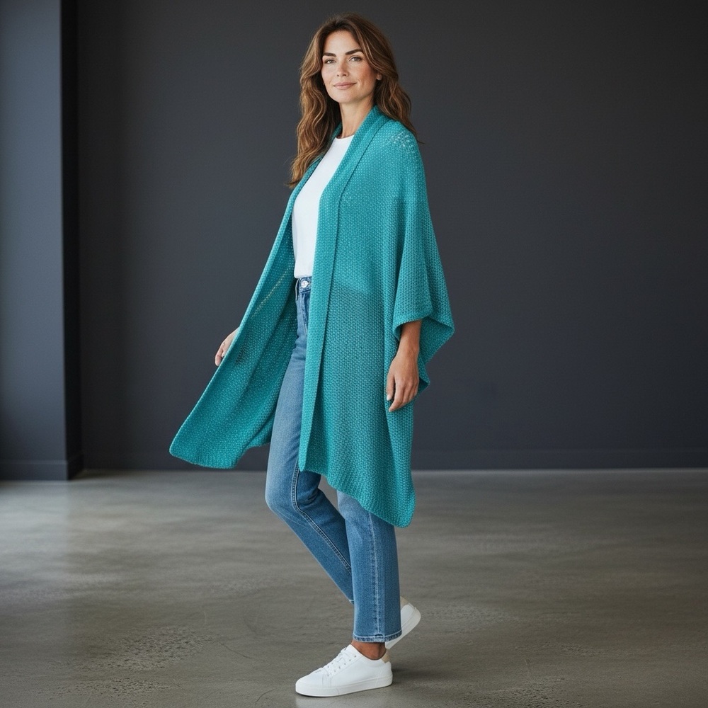 Chico’s Aqua Blue Sleeved Crochet Knit Shawl Wrap Cape Sweater Size Small/Medium - Picture 7 of 7